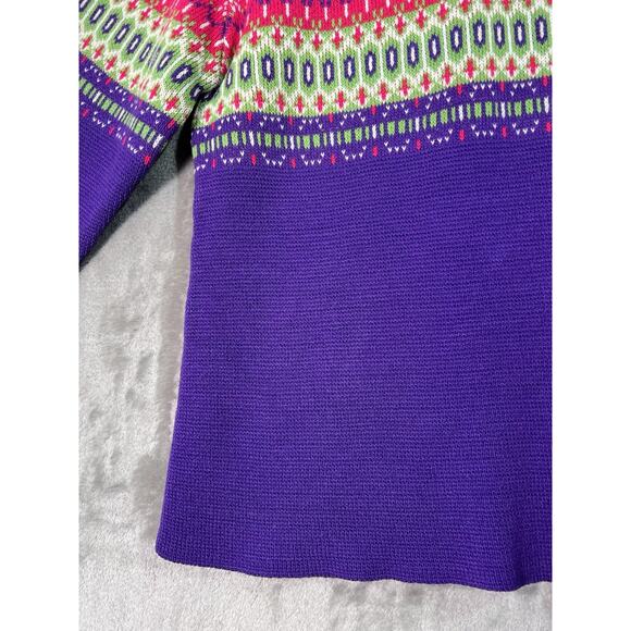 Vtg 90s Girls Ski Sweater Bright Pink Purple Green Geometric Fair Isle L USA - Picture 6 of 9